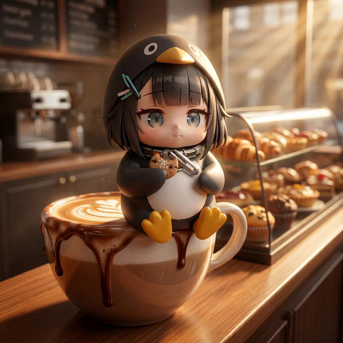 A chibi-style character ( Gugu Gaga) sitting on the edge of an oversized...