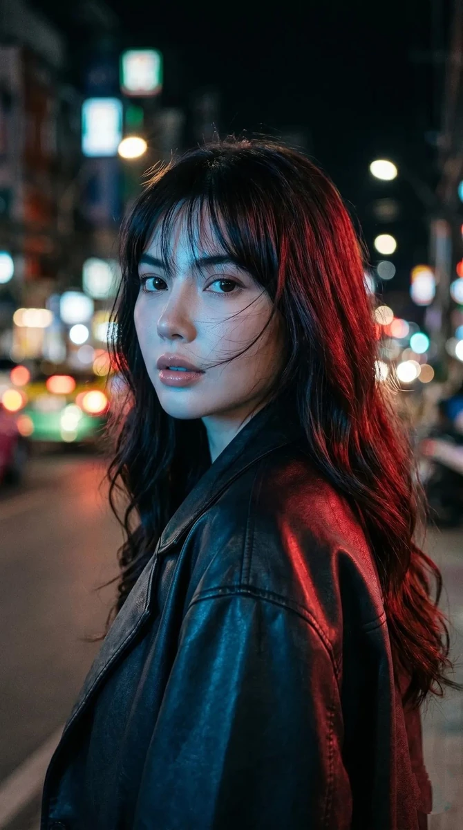 A cinematic night street portrait of a young woman standing in a bustling...