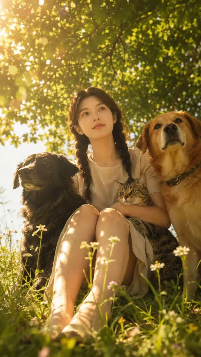 A sunlit meadow pet portrait — soft light, leafy shadows, and cozy animal...