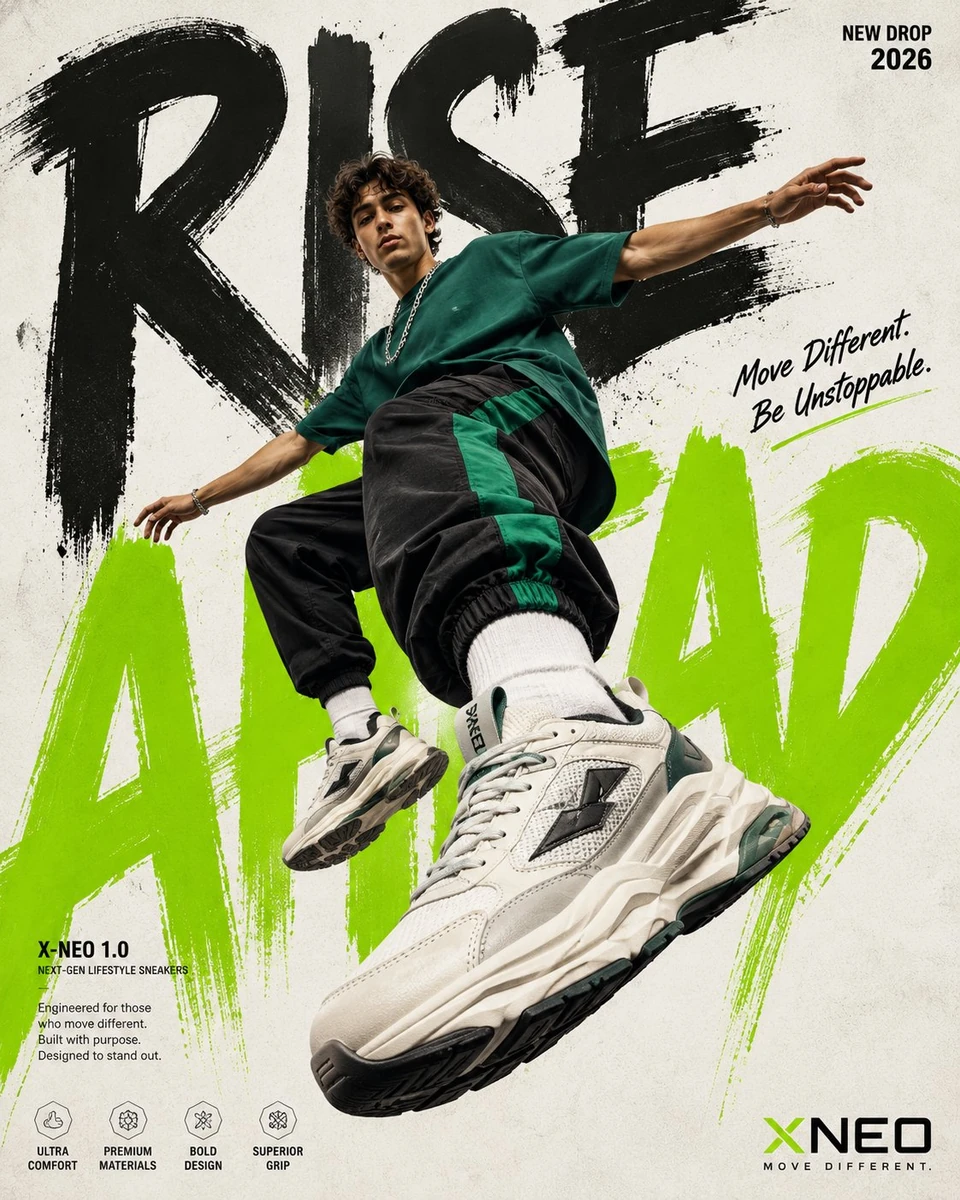 Ultra premium commercial streetwear sneaker advertisement poster. Minimal...