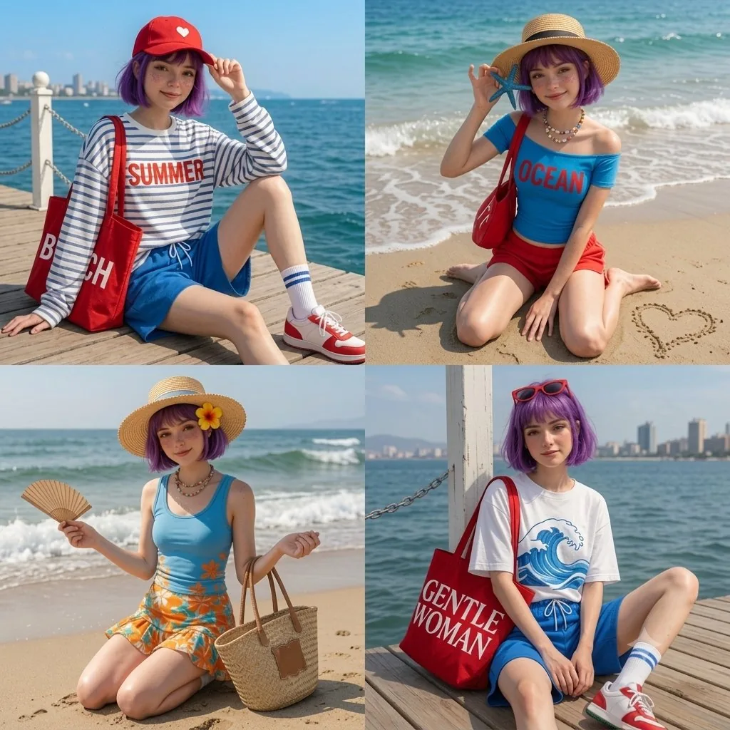 A 4-panel grid (2x2 layout) featuring a cute anime girl with a vibrant pu...