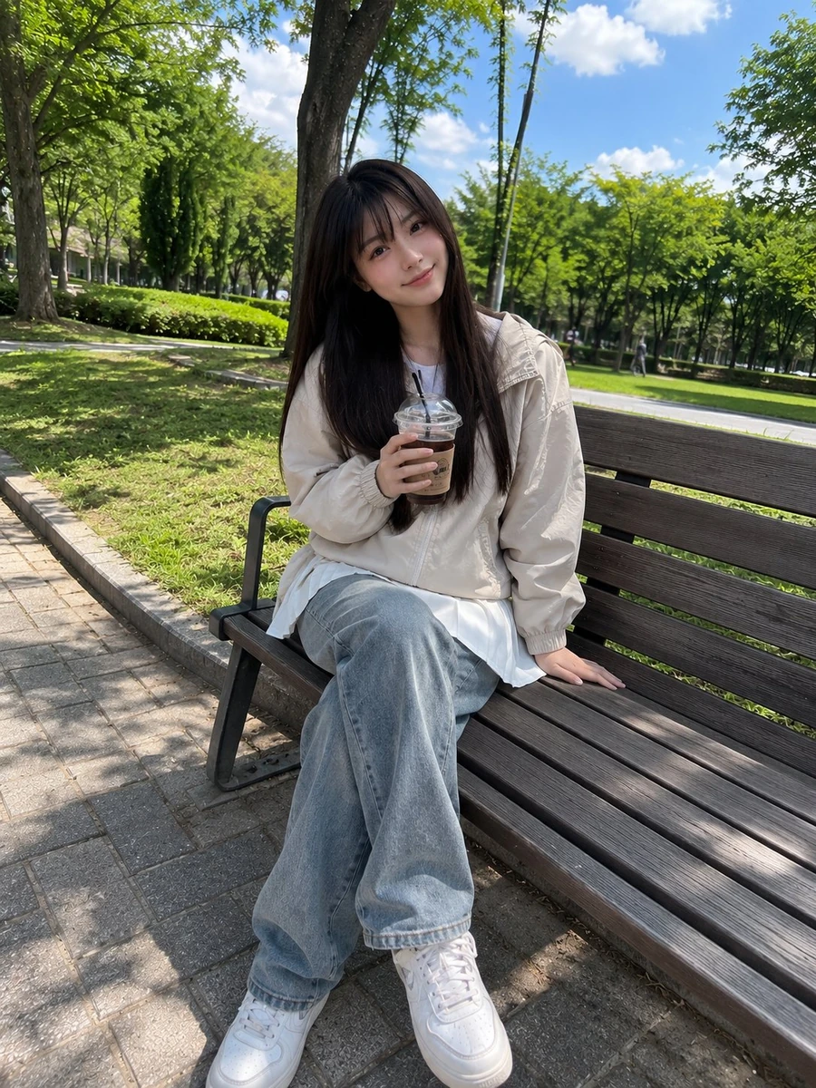 Beautiful young Japanese girl with long straight dark brown hair and soft...