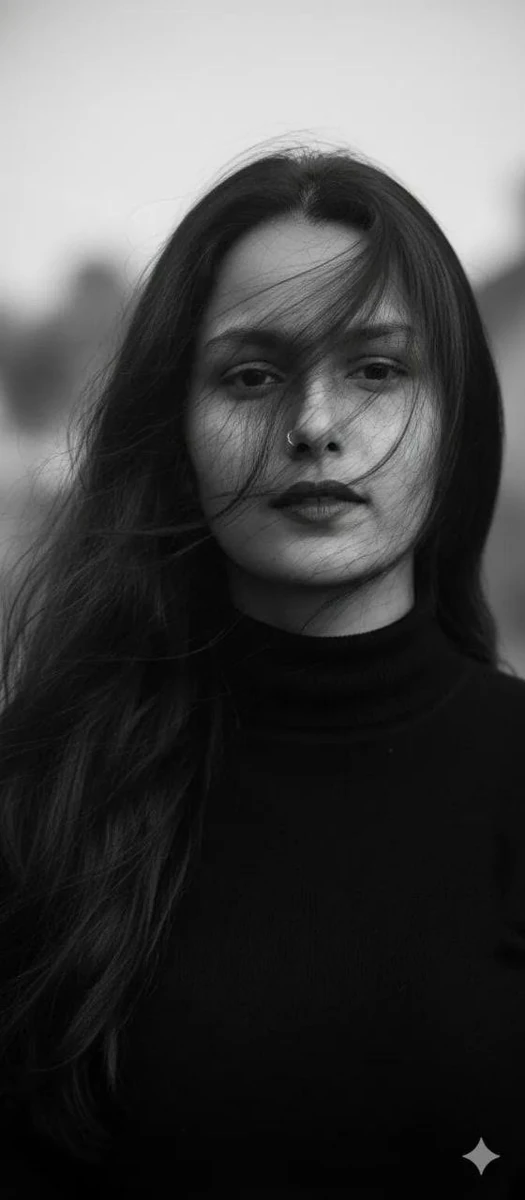 Ultra-realistic black-and-white cinematic portrait of a young woman with...