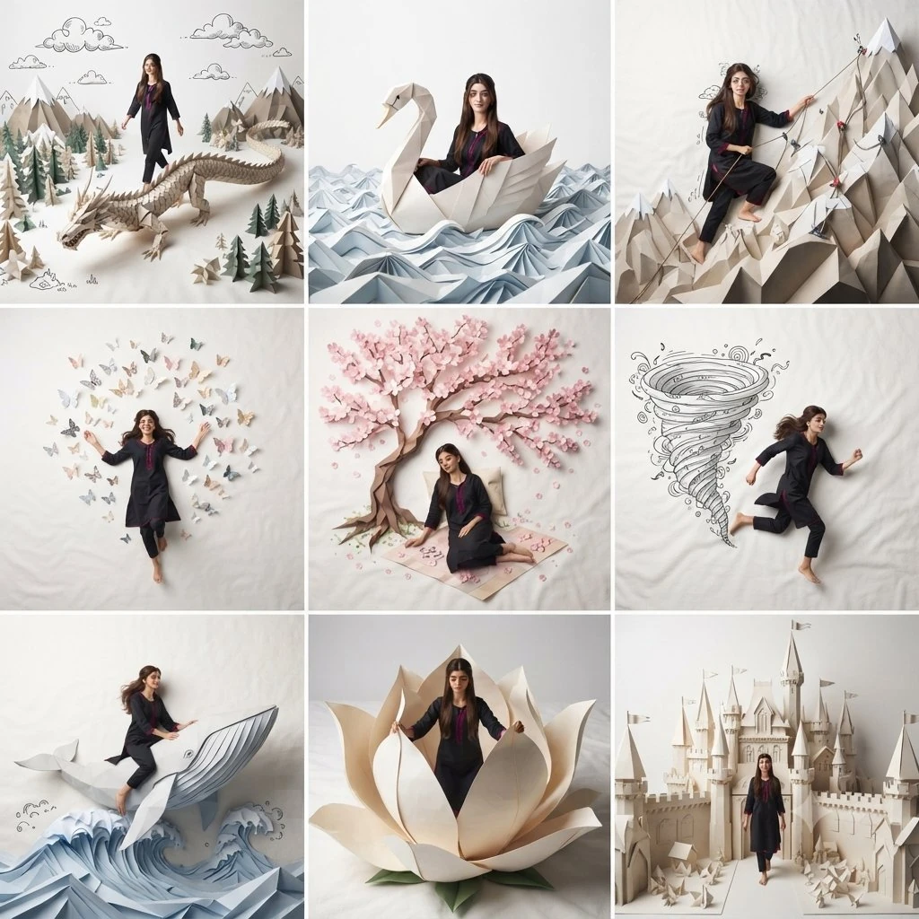 A professional 3x3 collage featuring the same beautiful woman from the up...