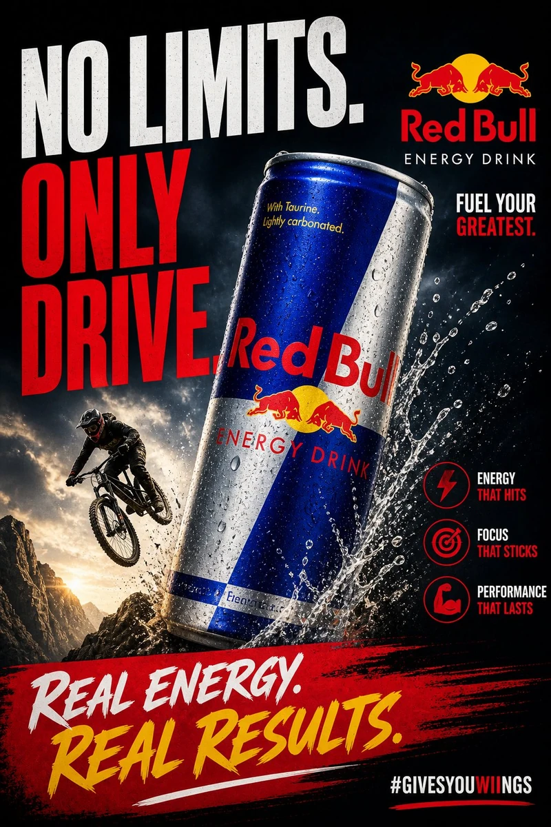 High-energy commercial poster of an energy drink can inspired by Red Bull...