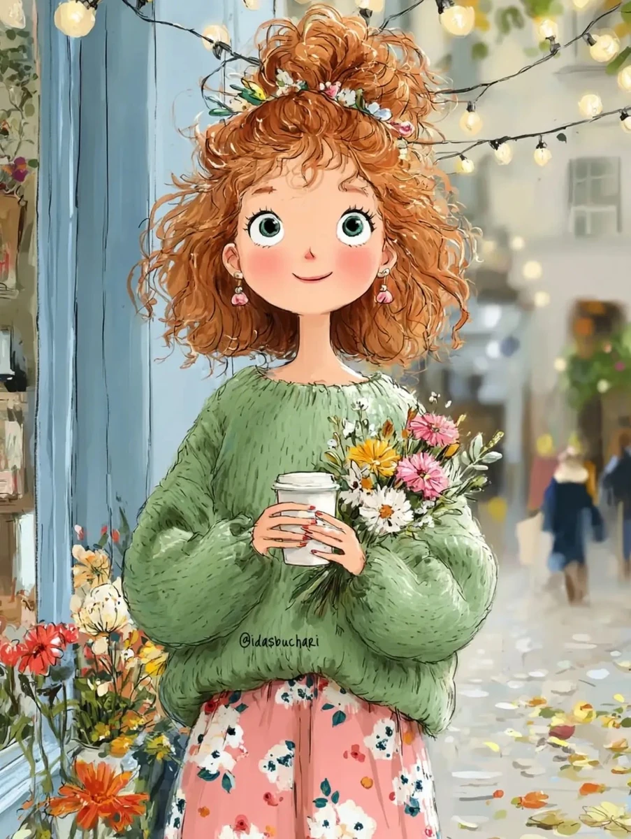 Whimsical watercolor-style illustration of a cute curly-haired girl stand...