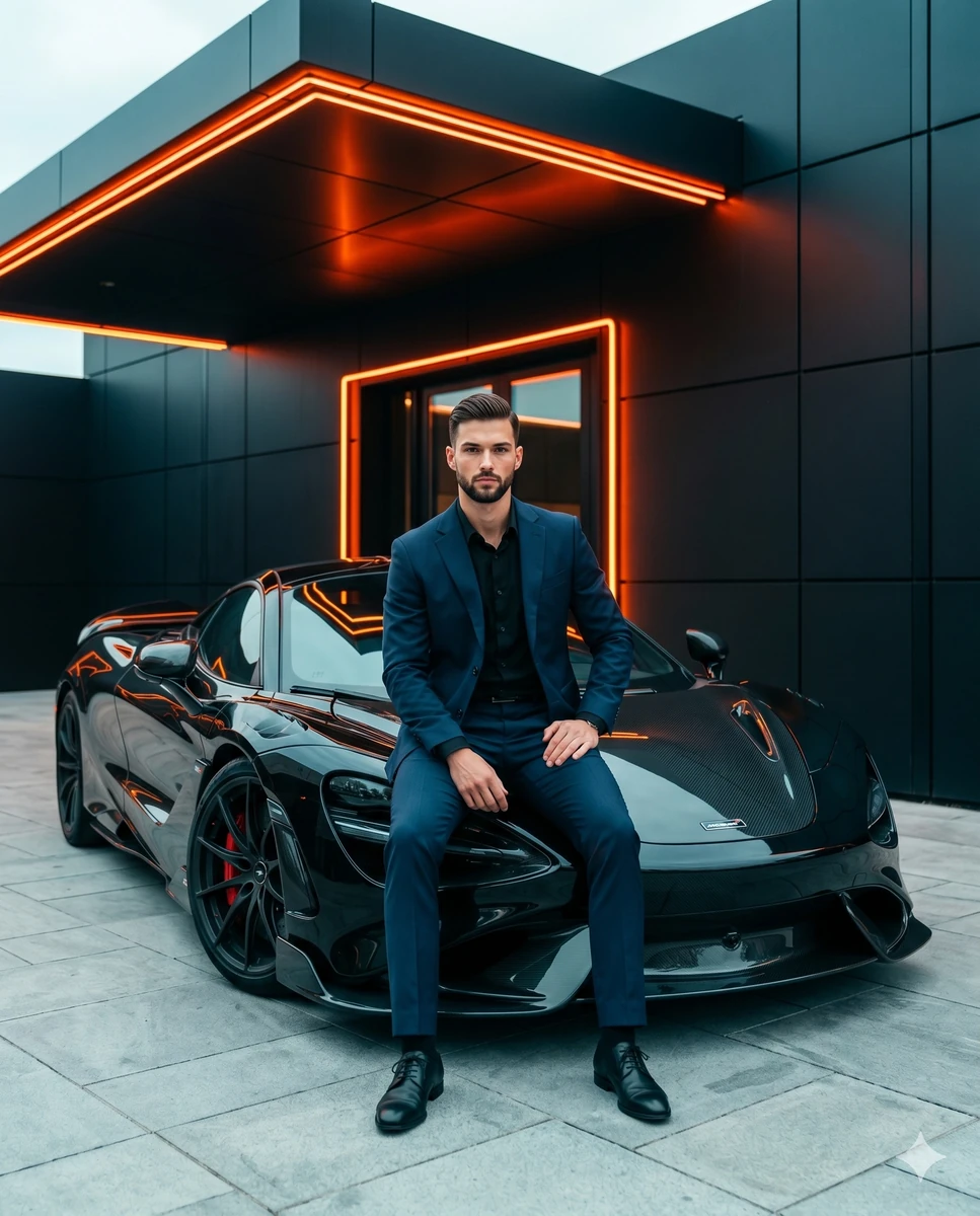 A confident man sits perfectly centered facing the camera straight-on, re...
