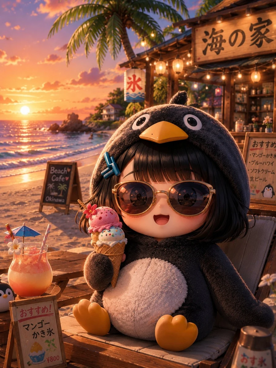 Ultra cute chibi gugu gaga anime girl wearing a fluffy penguin hoodie cos...