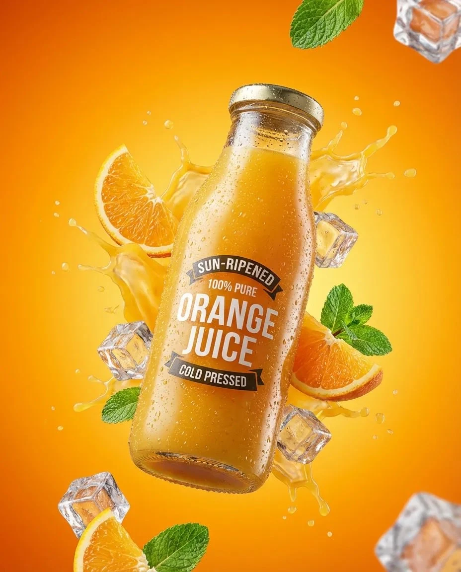 Ultra-realistic commercial product photography of a cold-pressed orange j...