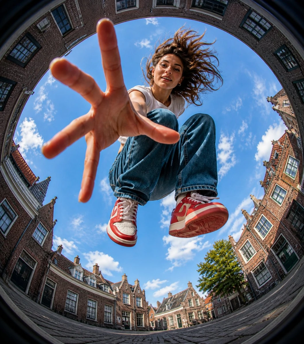Make an Ultra-wide fisheye lens perspective shot from ground level lookin...