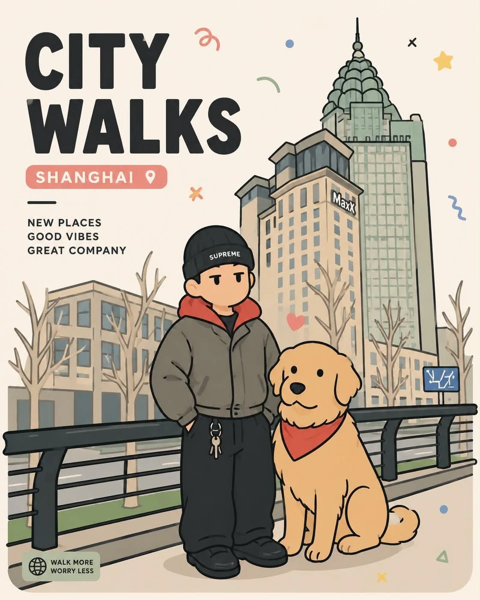 Playful flat-vector poster illustration of [HUMAN] posing with [ANIMAL] i...
