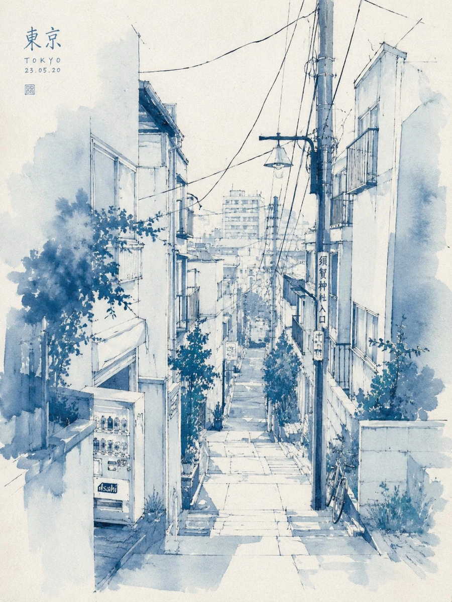 Minimalist architectural watercolor illustration of a serene New York str...