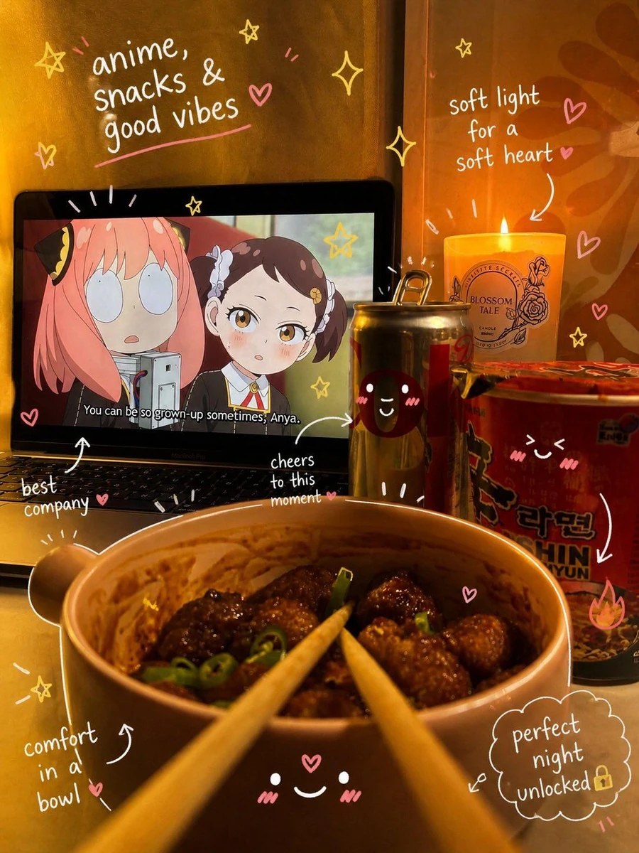 Cozy lifestyle scene featuring aesthetic food and drink setup (ramen/snac...