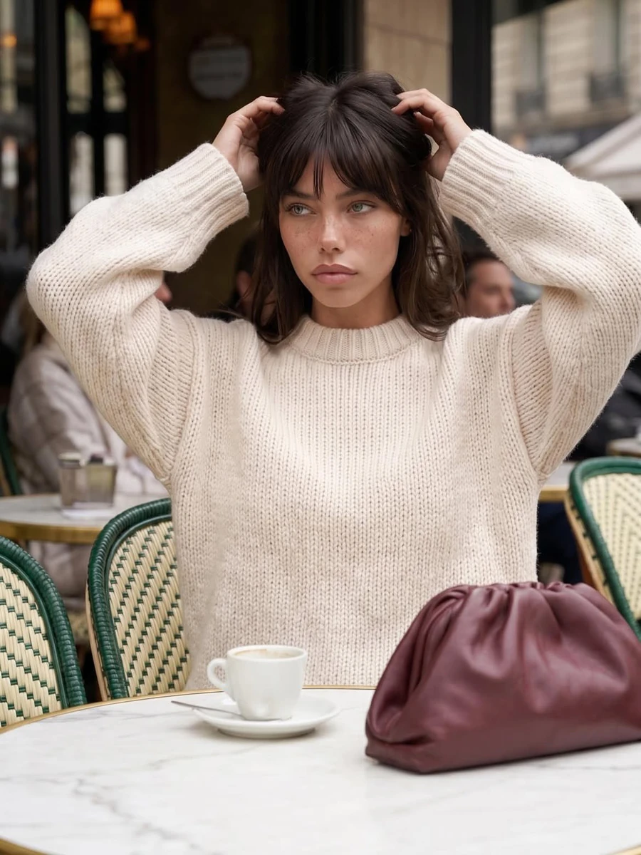 “Ultra-realistic portrait of a young woman sitting at an outdoor Parisian...