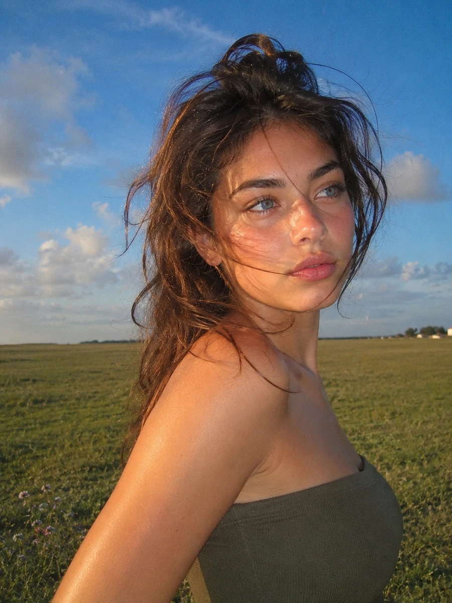 A breathtaking, ultra-realistic outdoor portrait of a young woman standin...