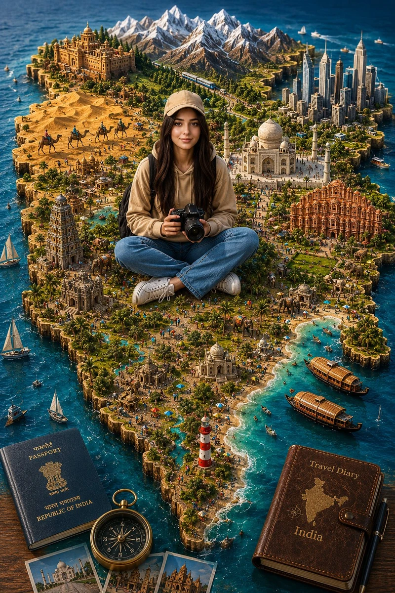 A highly detailed 3D miniature travel diorama of India shaped as a realis...