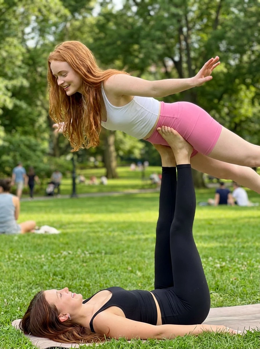 Ultra-realistic smartphone photo of two young women performing Acro Yoga...