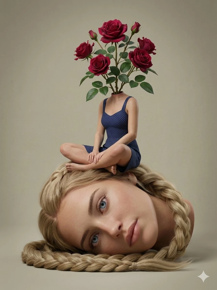 A surrealist digital artwork on a solid beige background. In the foregrou...