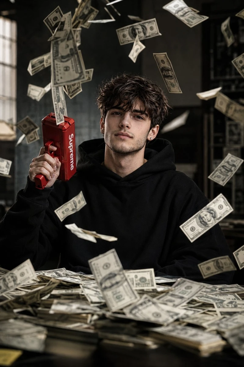 Ultra-realistic cinematic lifestyle portrait of a stylish young man sitti...