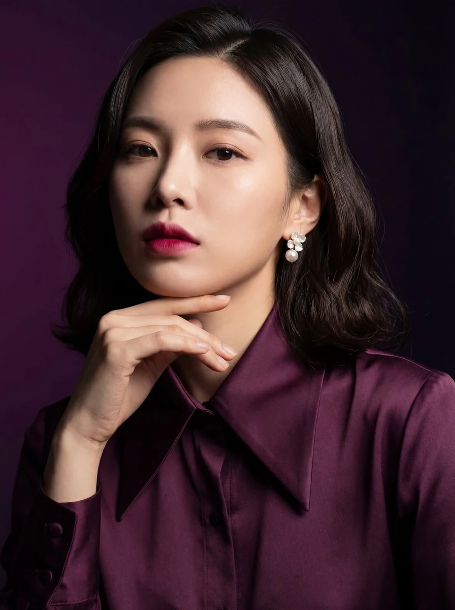 “Studio portrait of an elegant East Asian woman with shoulder-length dark...
