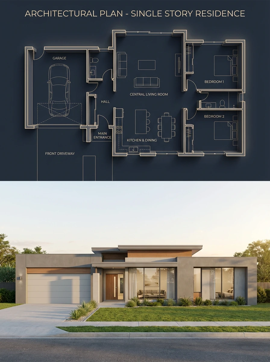 objective": "Create a split architectural visualization where the top is...