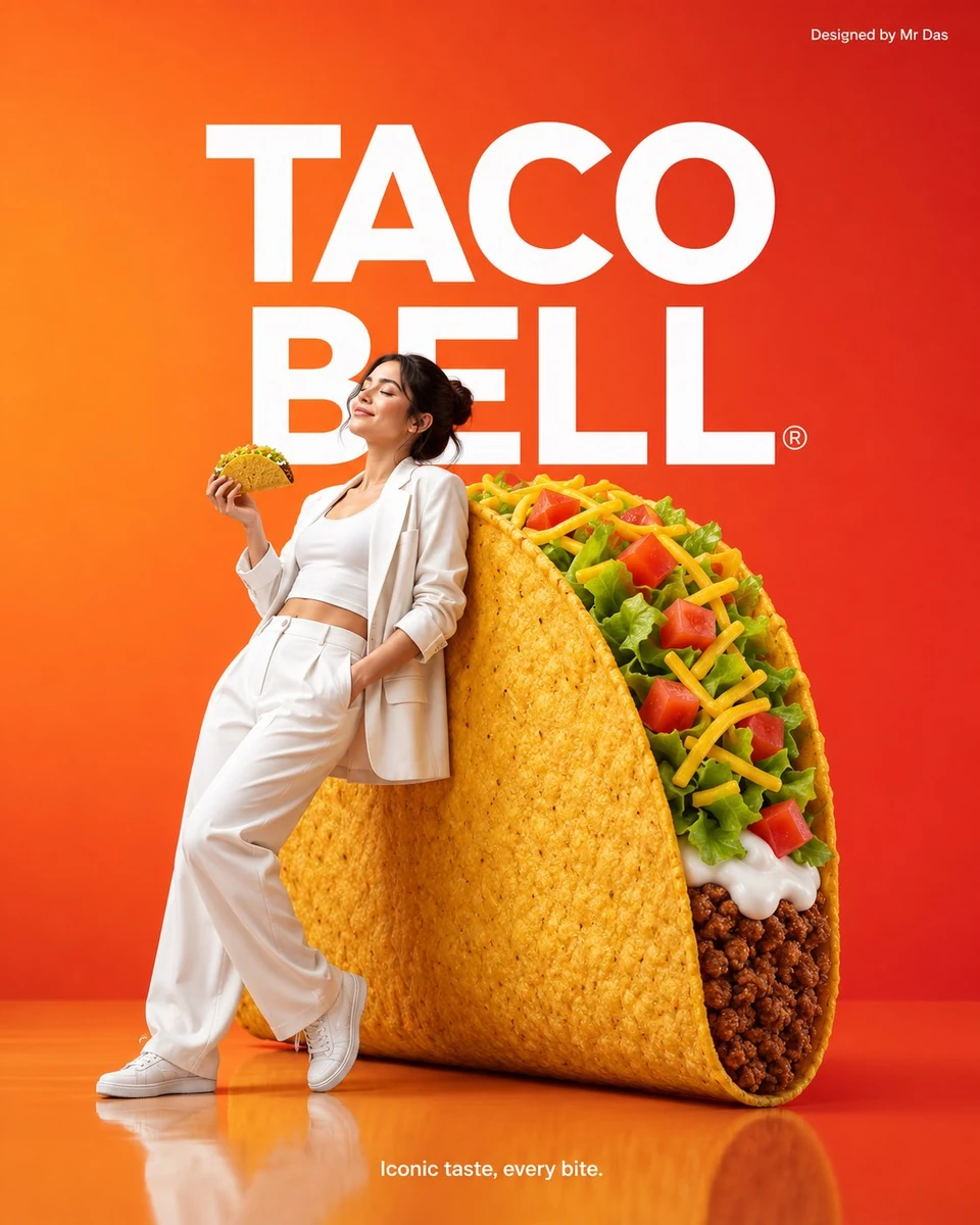 Minimalist commercial ad featuring oversized Taco Bell crunchy tacos, ult...