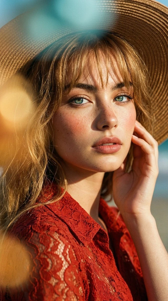 Ultra-realistic close-up portrait of a young woman with light freckles an...