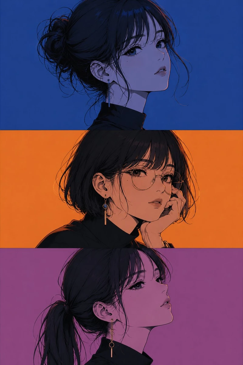 Three-panel anime/manga portrait of the same girl with an identical face...
