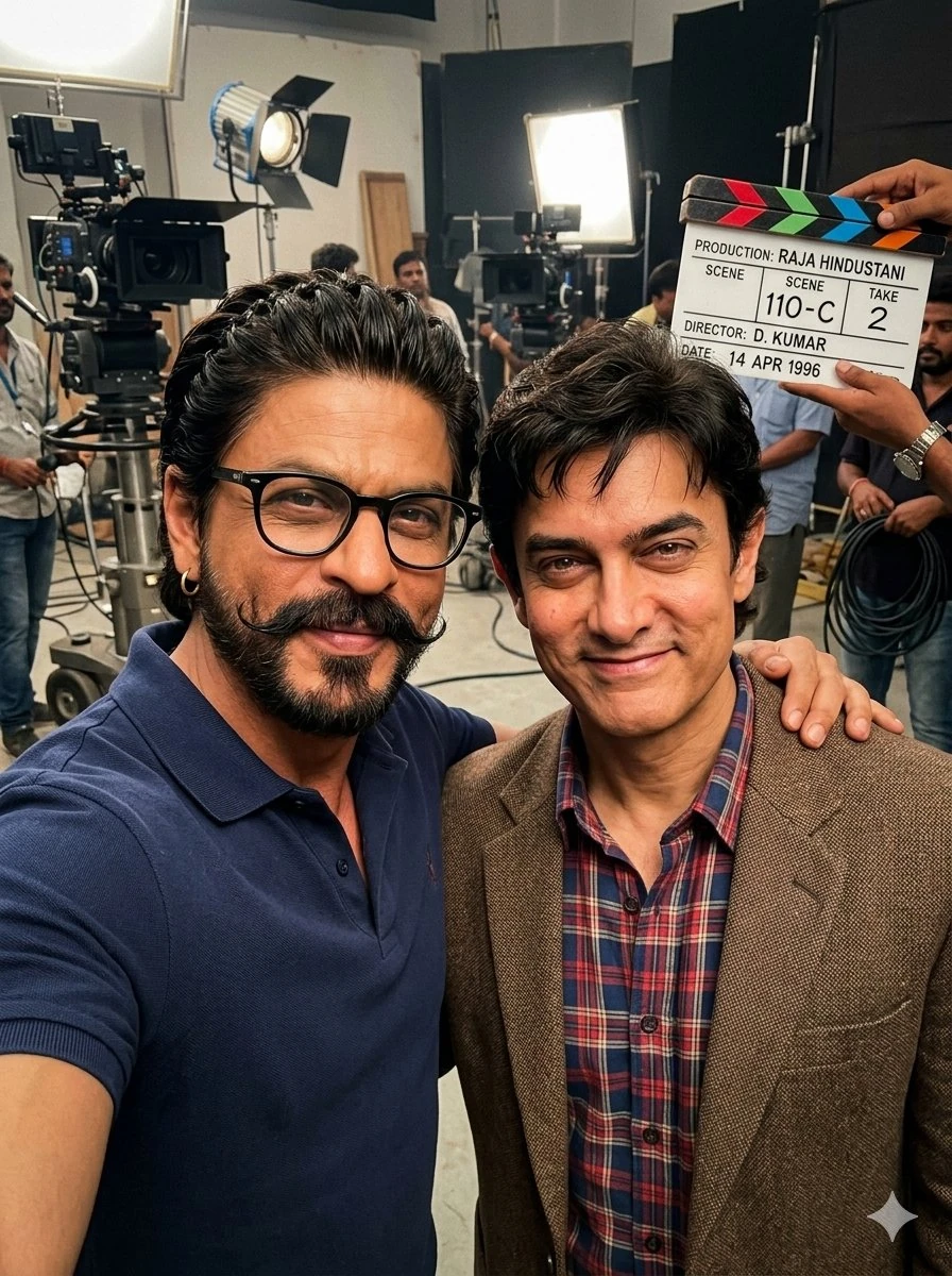 Shah Rukh Khan and Aamir Khan taking a selfie together on a film set. Sha...