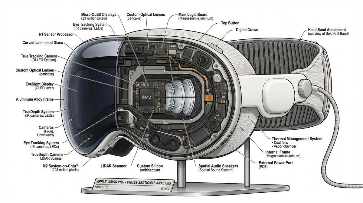product design,Apple Vision Pro, cross-section cutaway view, internal ana...