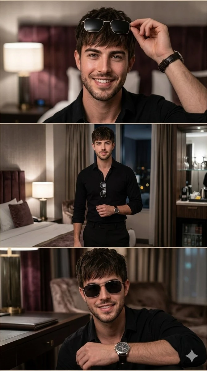 Cinematic multi-frame lifestyle portrait of a stylish young man in a luxu...