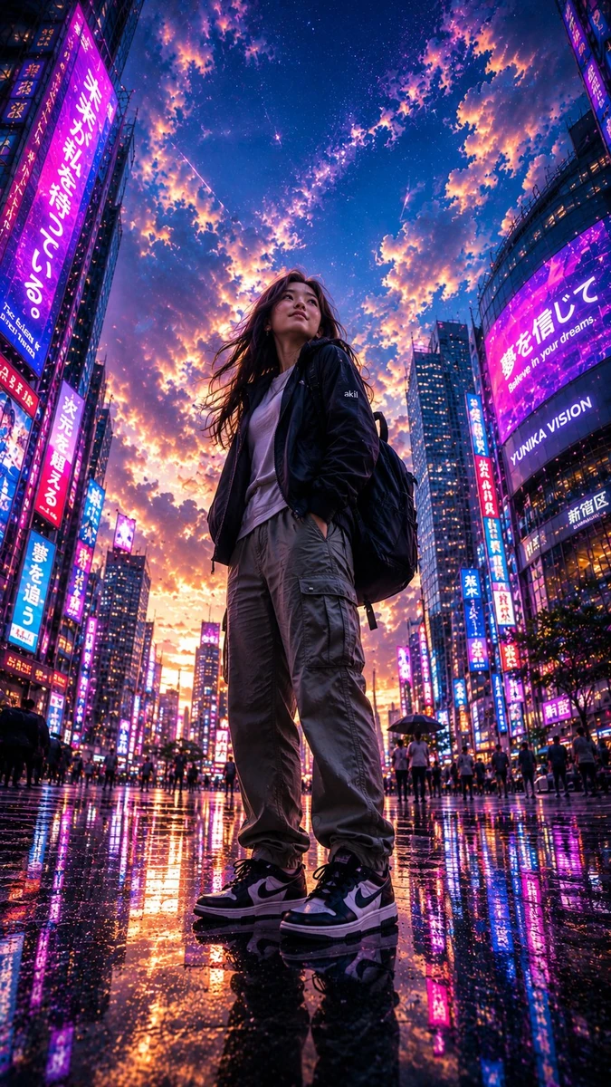 Ultra-realistic low-angle fisheye lens shot looking up at a young Filipin...
