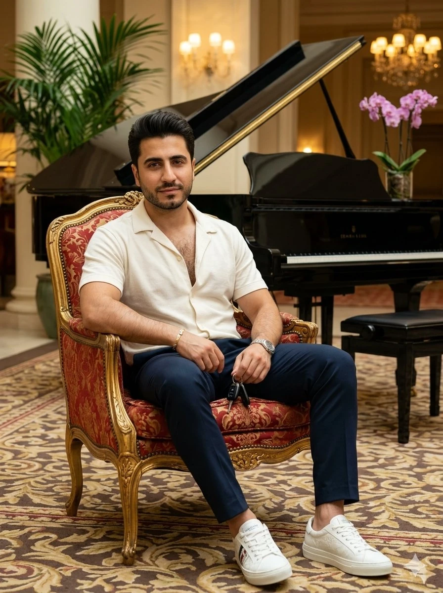 A confident young Pakistani man in his late 20s, short neatly styled blac...