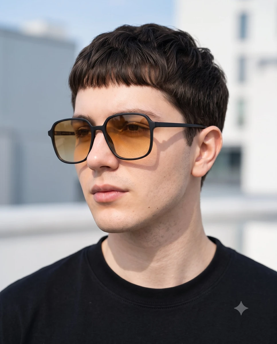 A photorealistic premium fashion eyewear campaign featuring a stylish you...