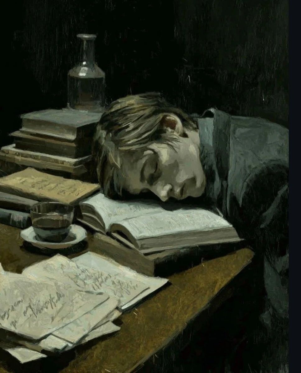 A weary young man, with tousled blonde hair and a pale face, is sleeping...