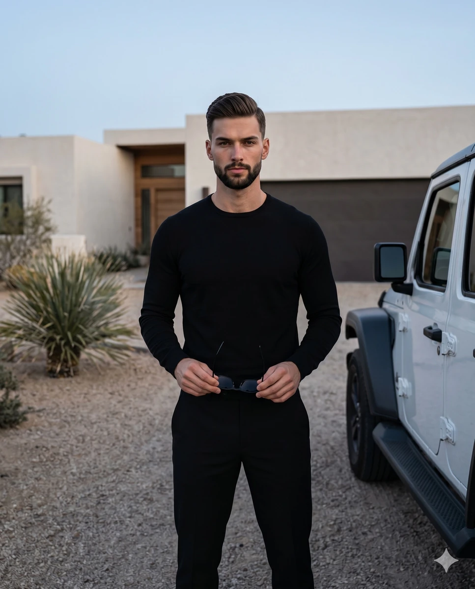 An adult athletic male with a short haircut and light stubble stands cent...
