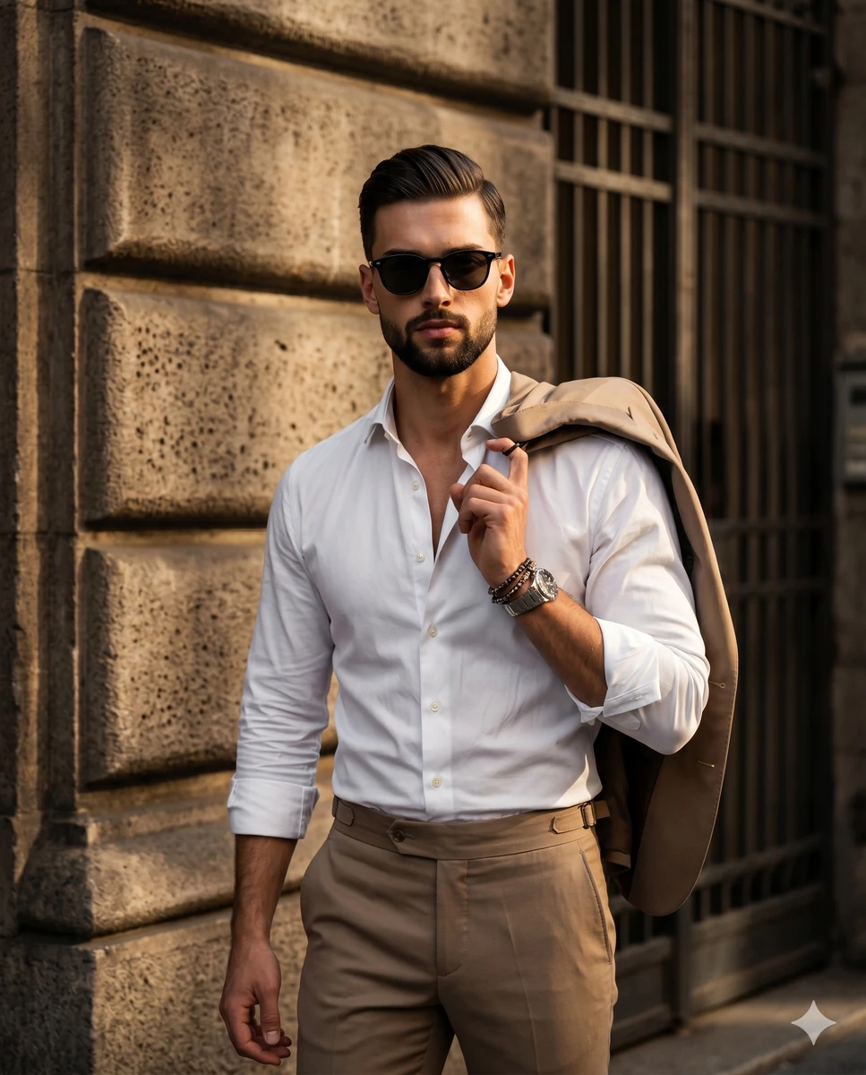 A stylishly dressed adult male stands facing the camera in a sophisticate...