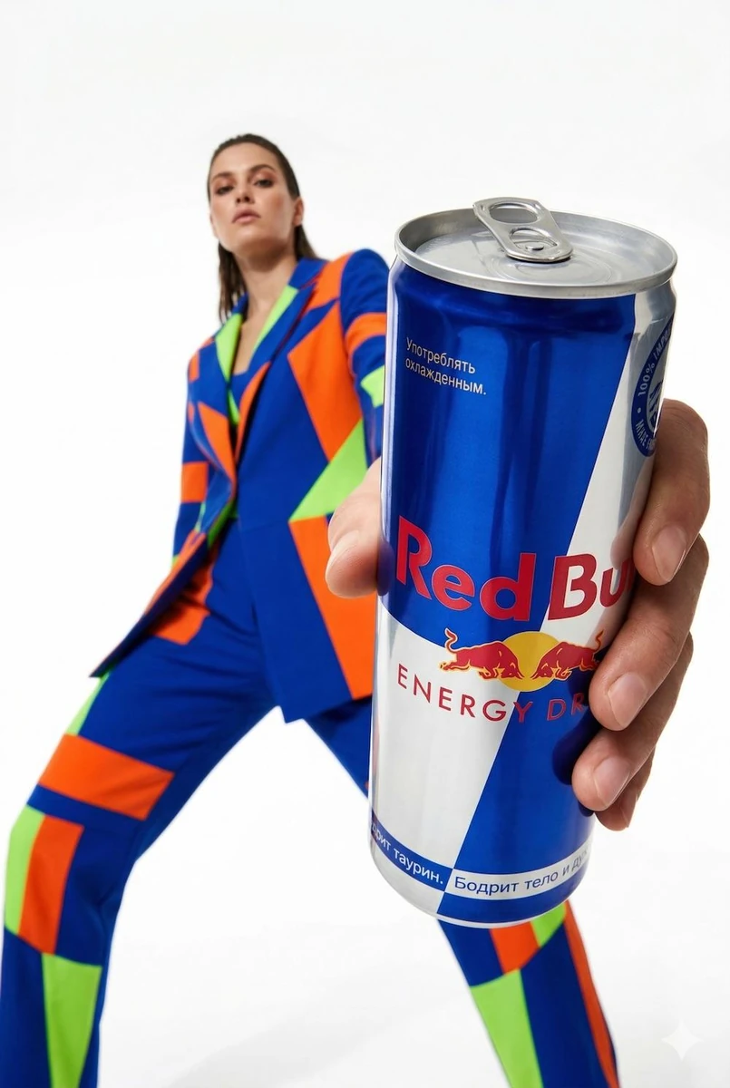 Low-angle fashion campaign photograph of a confident model holding a larg...