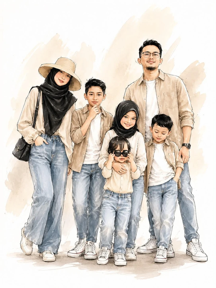 A stylish family standing together, digital watercolor and ink sketch ill...