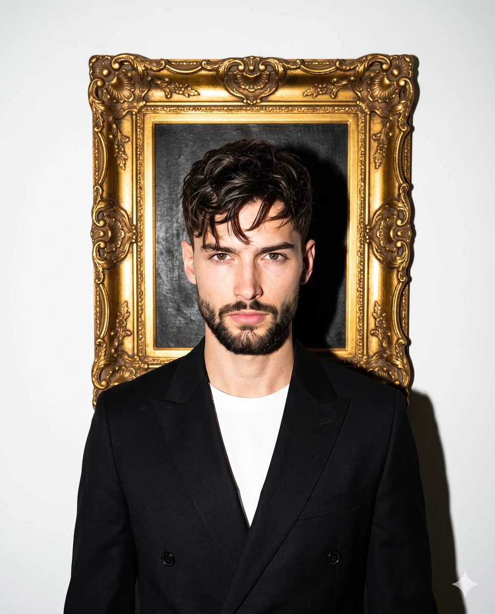 A serious, confident young adult male stands centrally positioned in a me...