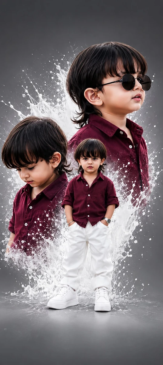 A hyper-realistic premium studio portrait collage of a stylish little boy...