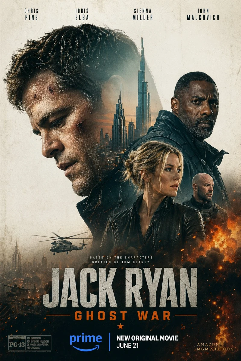 In the foreground, a large dramatic close-up of Chris Pine as Jack Ryan o...