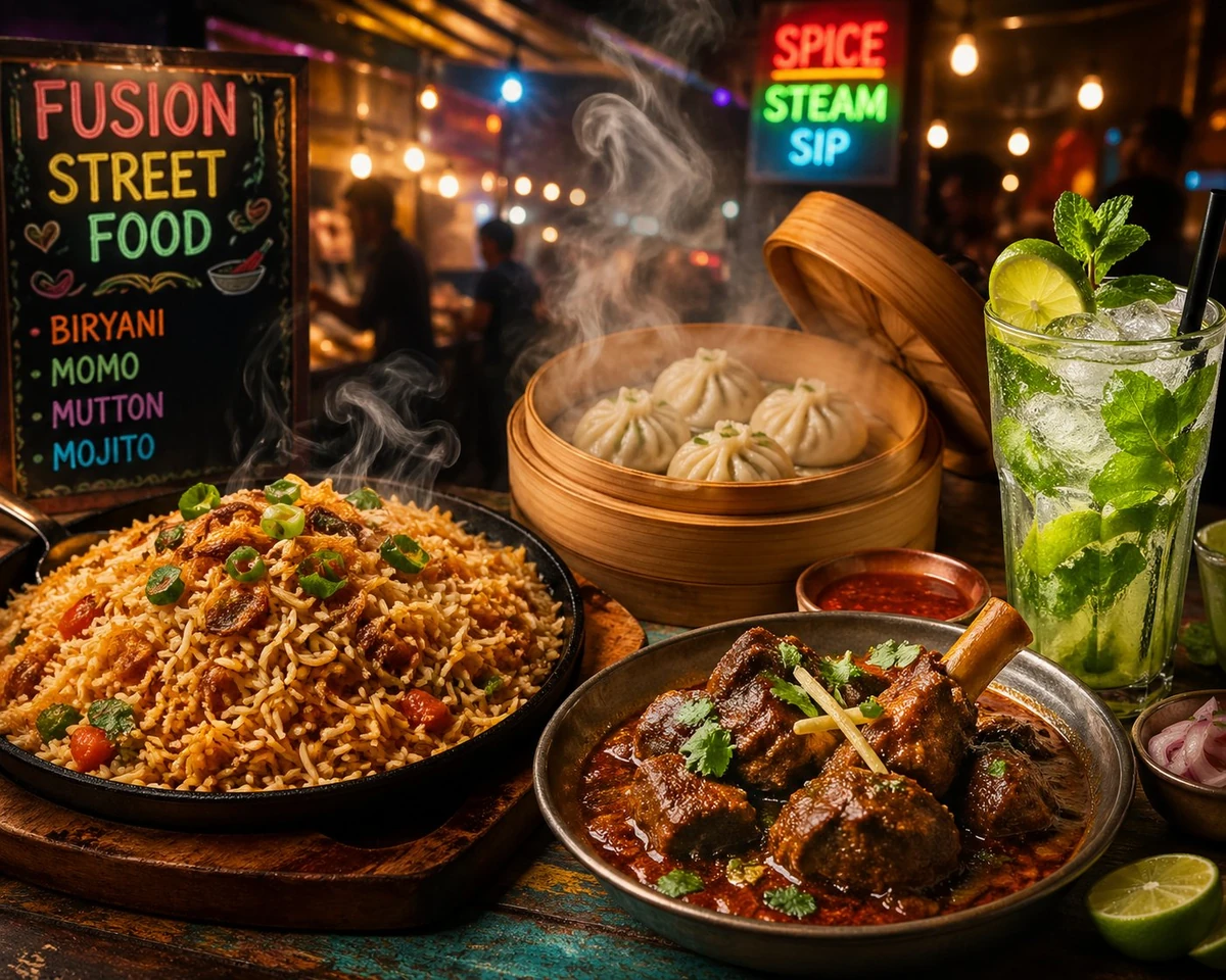 1. A vibrant fusion street-food scene where a sizzling plate of smoky fri...