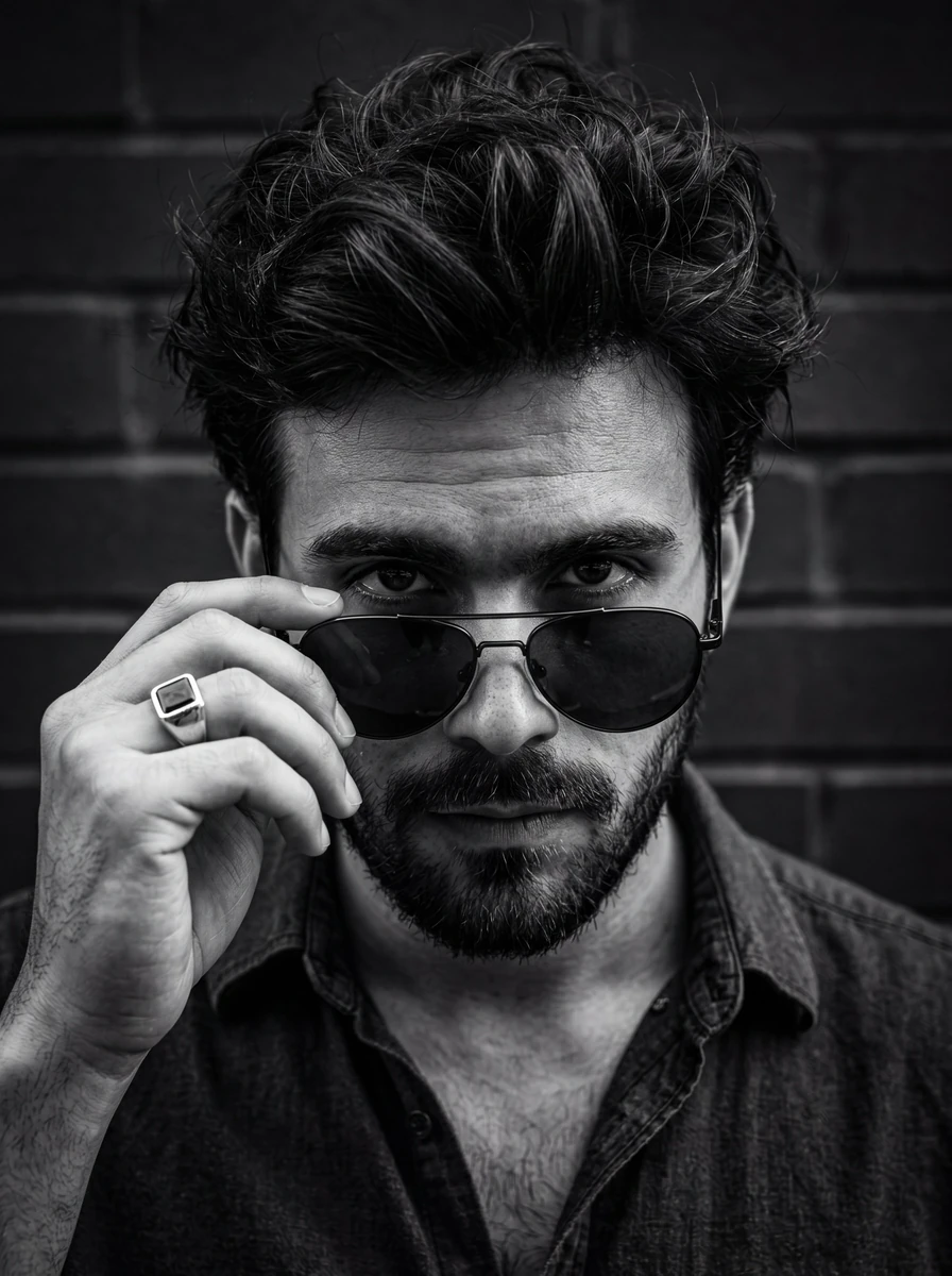 A close-up, high-contrast black and white portrait of a man looking direc...