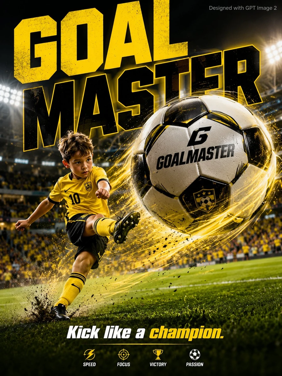 - A vibrant sports advertisement poster. An energetic young boy age 9 in...