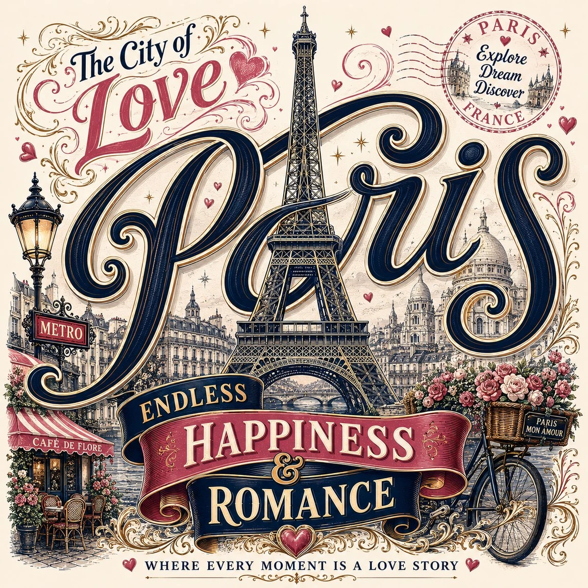 Vintage romantic travel typography poster for Paris designed in an ornate...