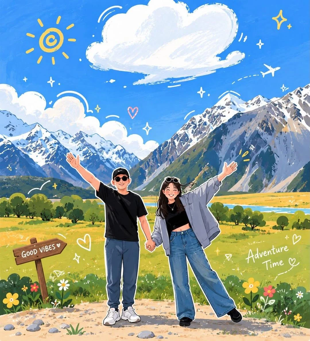 Transform the uploaded travel photo into a charming hand-drawn anime illu...
