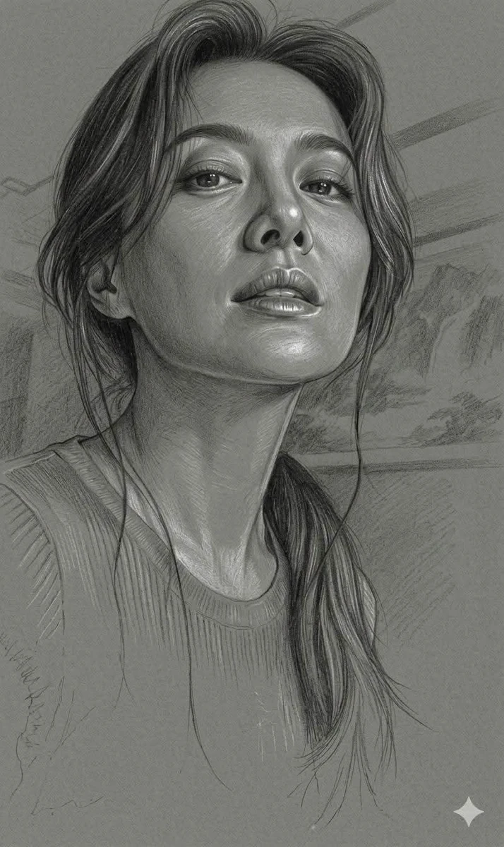 Ultra-realistic monochrome graphite portrait illustration on textured dar...