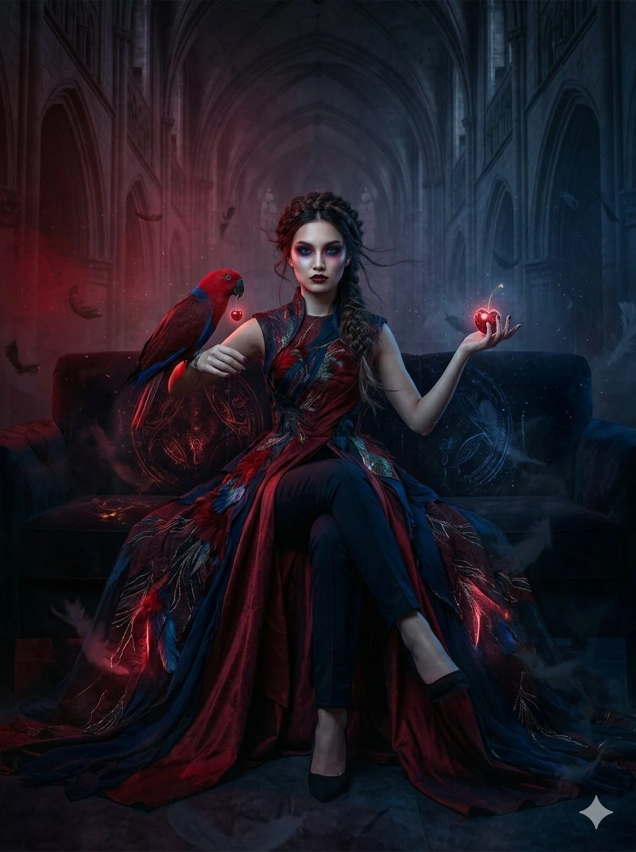 Ultra-realistic cinematic dark fantasy 8K portrait of a young woman with...