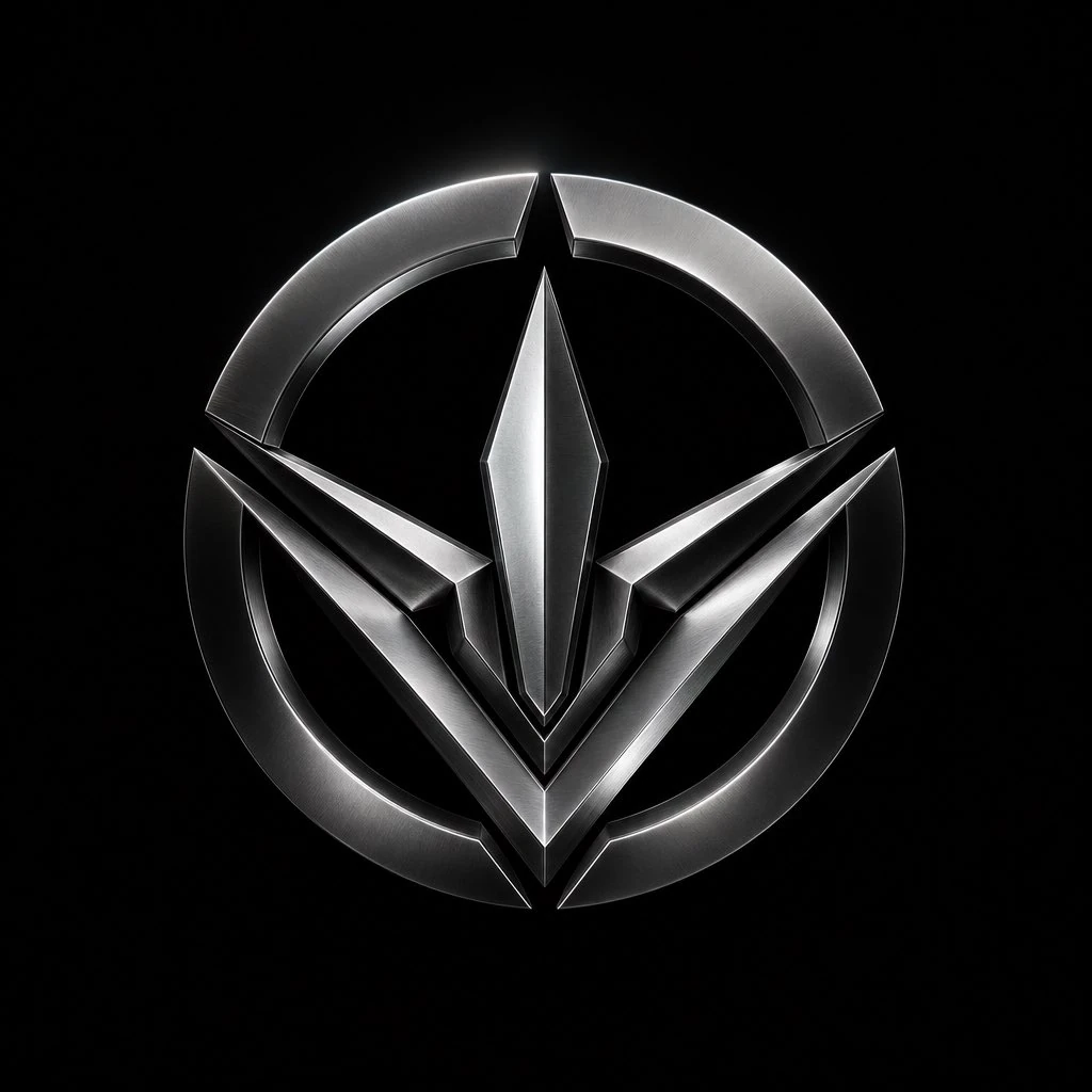 Ultra detailed silver metallic logo floating on a pure matte black backgr...
